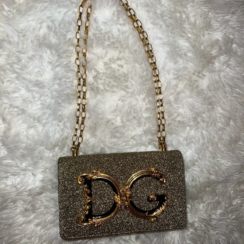 Dolce & Gabbana Gold Glitter DG Logo Crossbody Bag